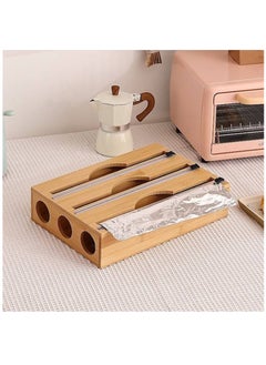 XiuWoo 5 in 1 Bamboo Wood Plastic Aluminum Foil, Food Wrap Dispenser, Wax Paper Roll Organizer Holder, Paper Holder, Utensil Storage and Wall Mount Organizer Holder with Slide Cutter, Hook  - Image 5