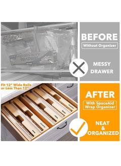 XiuWoo 5 in 1 Bamboo Wood Plastic Aluminum Foil, Food Wrap Dispenser, Wax Paper Roll Organizer Holder, Paper Holder, Utensil Storage and Wall Mount Organizer Holder with Slide Cutter, Hook  - Image 2