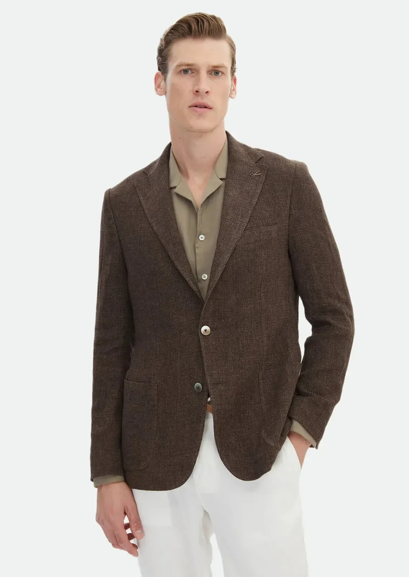 RAMSEY Brown Patterned Shirt Shoulder Slim Fit 100% Linen Jacket