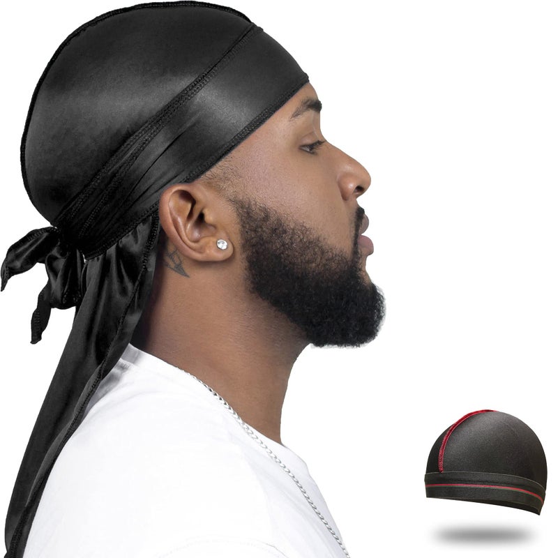 ForceWave Silky Durag for Men Wave Cap Satin Dorag for Men Women 360 Wave Black - Image 1
