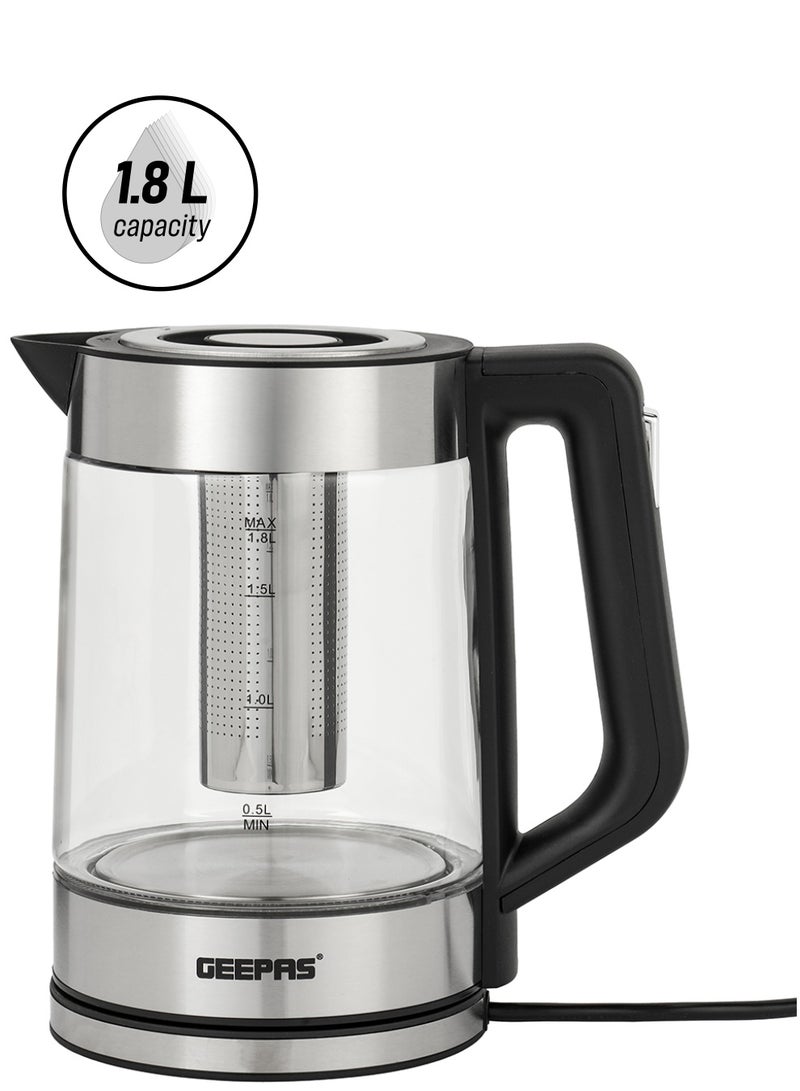 GEEPAS 1.8 liter Electric Glass Kettle| Stainless Steel Filter,Boil Dry Protection and Automatic Cut-Off| LED Lighting, Perfect for Boiling Water, Milk, Tea| 2200 W, Cool Touch Handle| 2 Years Warranty 1.8 L 2200 W GK38049 Black - Image 1