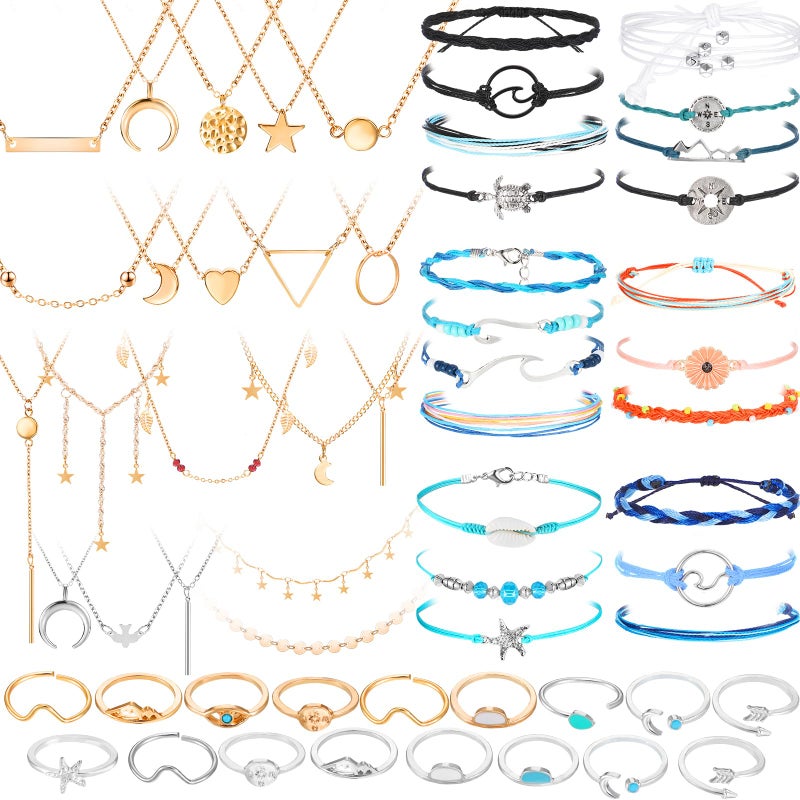 Batiyeer 60 Pcs Surfer Wave Friendship Bracelet Layered Choker Pendant Necklace Adjustable Multilayer Chain Bracelet Anklets Knuckle Rings for Women Xmas Gifts(Cute) - Image 1
