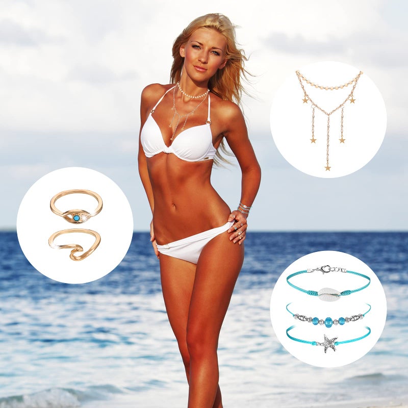 Batiyeer 60 Pcs Surfer Wave Friendship Bracelet Layered Choker Pendant Necklace Adjustable Multilayer Chain Bracelet Anklets Knuckle Rings for Women Xmas Gifts(Cute) - Image 5
