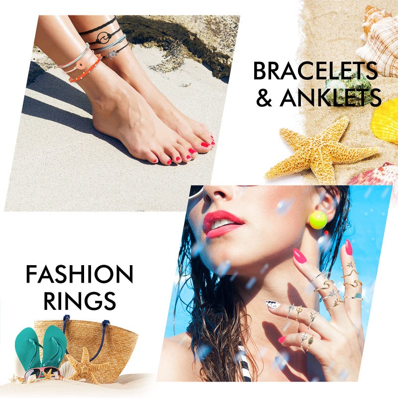 Batiyeer 60 Pcs Surfer Wave Friendship Bracelet Layered Choker Pendant Necklace Adjustable Multilayer Chain Bracelet Anklets Knuckle Rings for Women Xmas Gifts(Cute) - Image 2