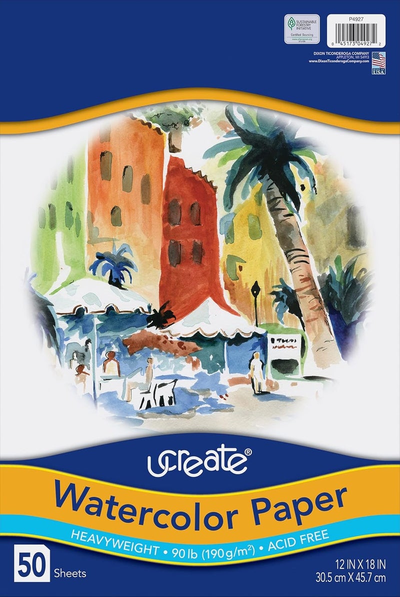 UCREATE Art1st Watercolor Paper, White, Package, 90 lb., 12" x 18", 50 Sheets - Image 1