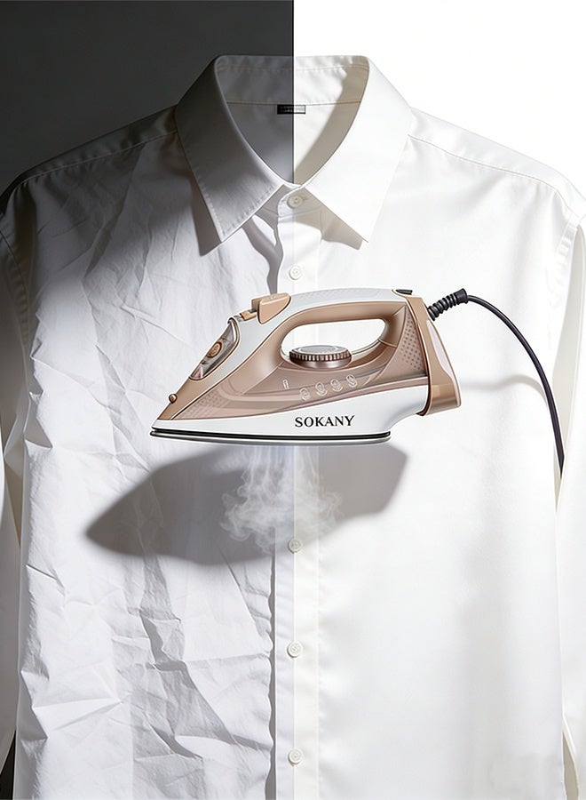 سوكاني مكواة ملابس بخارية (مكوى/كاوية) - 2400 واط، قاعدة مانعة للانزلاق، سعة ماء 300 مل، دفع بخار 100 جرام/دقيقة، درجة حرارة قابلة للتعديل، فتحة بخار لتوزيع الحرارة بشكل متساوٍ - SK-11039 ذهبي - Image 3