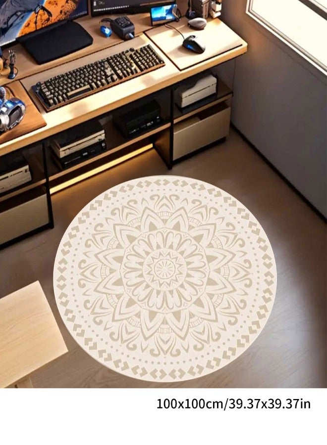 Mandala Round Rug for Living Room Bedroom Dining Kitchen Table Entryway Foyer Thin Washable Circle Area Rug Retro Home Office Circular Carpet Beige 100×100cm - Image 1