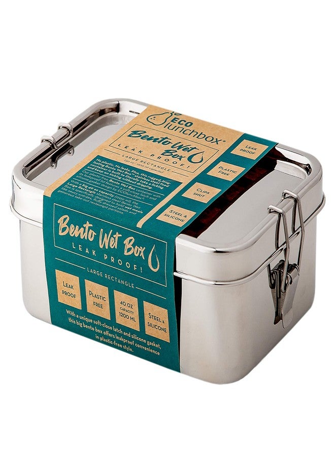 ECOlunchbox Bento Wet Box (Large Rectangle, 40 oz) - Leak Proof Stainless Steel Lunch Container with Soft Close Clips & Removable Silicone Gasket - Plastic Free, Dishwasher & Oven Safe - Image 1