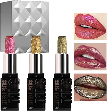 KARLOR Glitter lipstick set 3 Pcs metallic lipstick set shiny lipsticks shimmer diamond lipstick with metallic pearl shine metallic lipstick Pink Golden Red Bronzer festival B set - Image 2