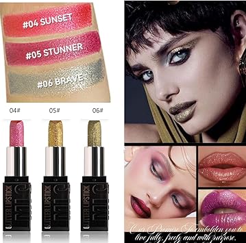 KARLOR Glitter lipstick set 3 Pcs metallic lipstick set shiny lipsticks shimmer diamond lipstick with metallic pearl shine metallic lipstick Pink Golden Red Bronzer festival B set - Image 4