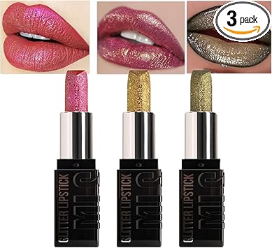 KARLOR Glitter lipstick set 3 Pcs metallic lipstick set shiny lipsticks shimmer diamond lipstick with metallic pearl shine metallic lipstick Pink Golden Red Bronzer festival B set - Image 1