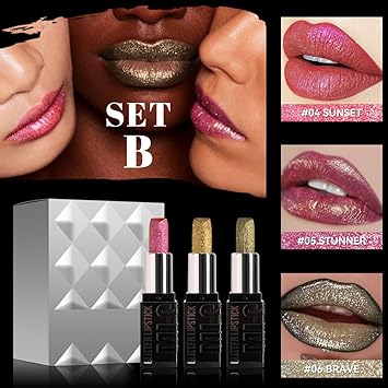 KARLOR Glitter lipstick set 3 Pcs metallic lipstick set shiny lipsticks shimmer diamond lipstick with metallic pearl shine metallic lipstick Pink Golden Red Bronzer festival B set - Image 3