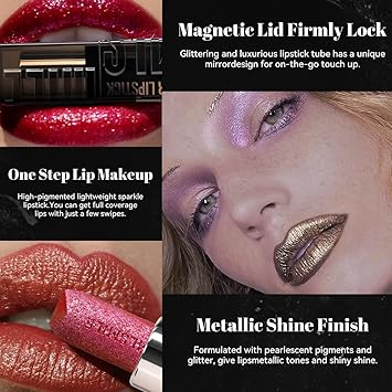 KARLOR Glitter lipstick set 3 Pcs metallic lipstick set shiny lipsticks shimmer diamond lipstick with metallic pearl shine metallic lipstick Pink Golden Red Bronzer festival B set - Image 5