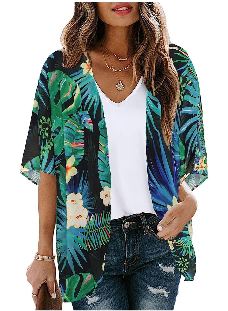 Floral Print Kimono Cardigan for Women - Puff Sleeve Casual Cover Up Blouse Tops - Image 1