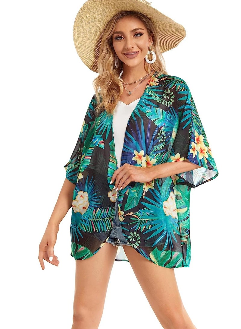 Floral Print Kimono Cardigan for Women - Puff Sleeve Casual Cover Up Blouse Tops - Image 3