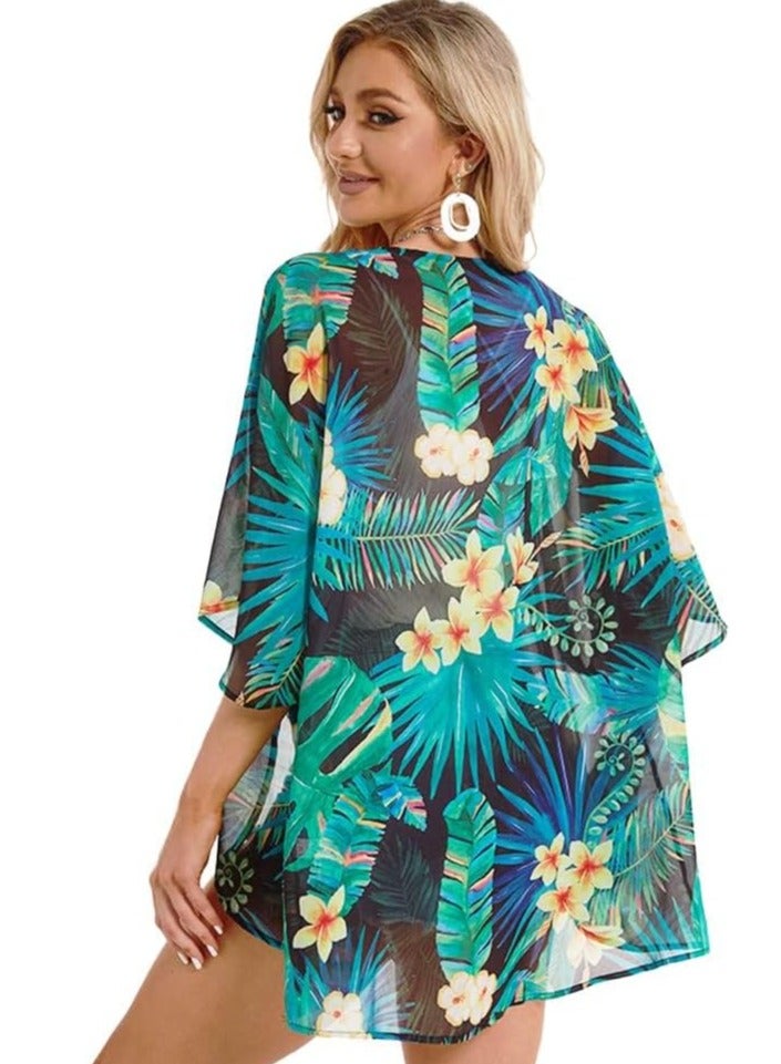 Floral Print Kimono Cardigan for Women - Puff Sleeve Casual Cover Up Blouse Tops - Image 2