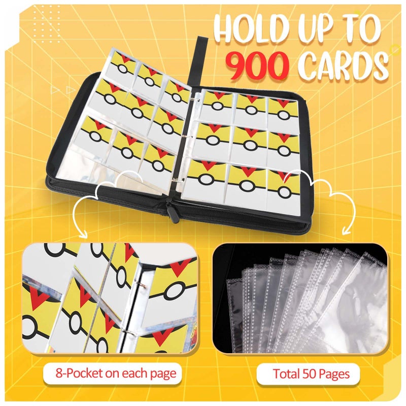 Easyfun 900 - Pockets Trading Card Binder with Removable 50 Sleeves, Card Collector Album with Zipper, Portable Card Holder Book Fits Sports Card, Game Card - Yellow - Image 4