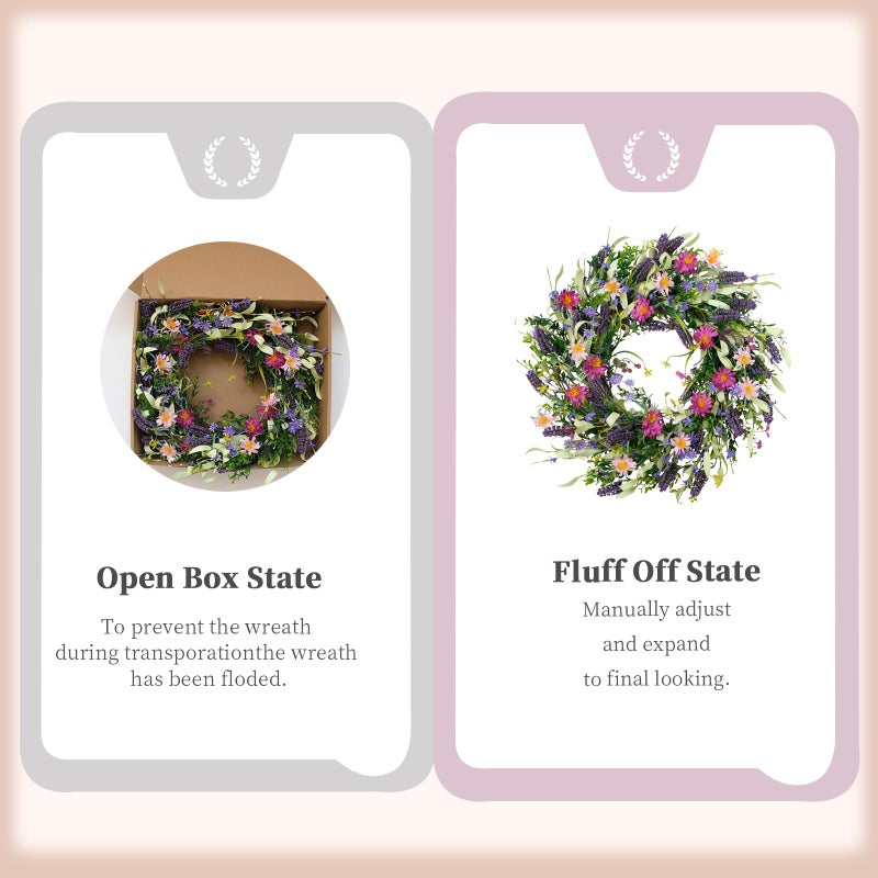 idyllic 22 Inch Spring Summer Flower Wreaths for Front Door, Artificial Colorful Floral Door Wreaths with Lavender Daisies Green Leaves Farmhouse for Inside Outside Home Window Weeding Decor - Image 4