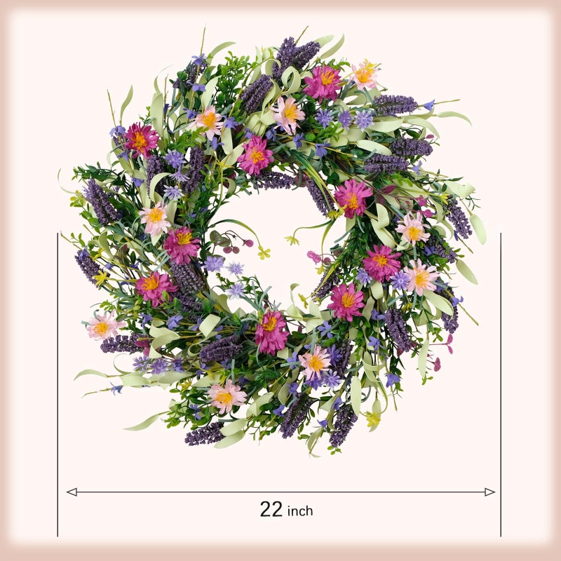 idyllic 22 Inch Spring Summer Flower Wreaths for Front Door, Artificial Colorful Floral Door Wreaths with Lavender Daisies Green Leaves Farmhouse for Inside Outside Home Window Weeding Decor - Image 3