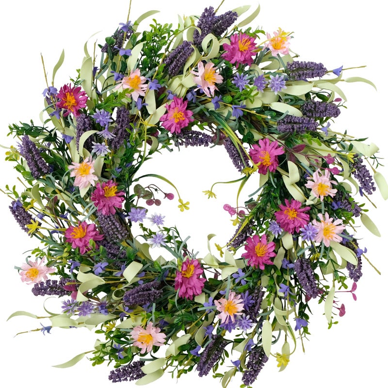 idyllic 22 Inch Spring Summer Flower Wreaths for Front Door, Artificial Colorful Floral Door Wreaths with Lavender Daisies Green Leaves Farmhouse for Inside Outside Home Window Weeding Decor - Image 1