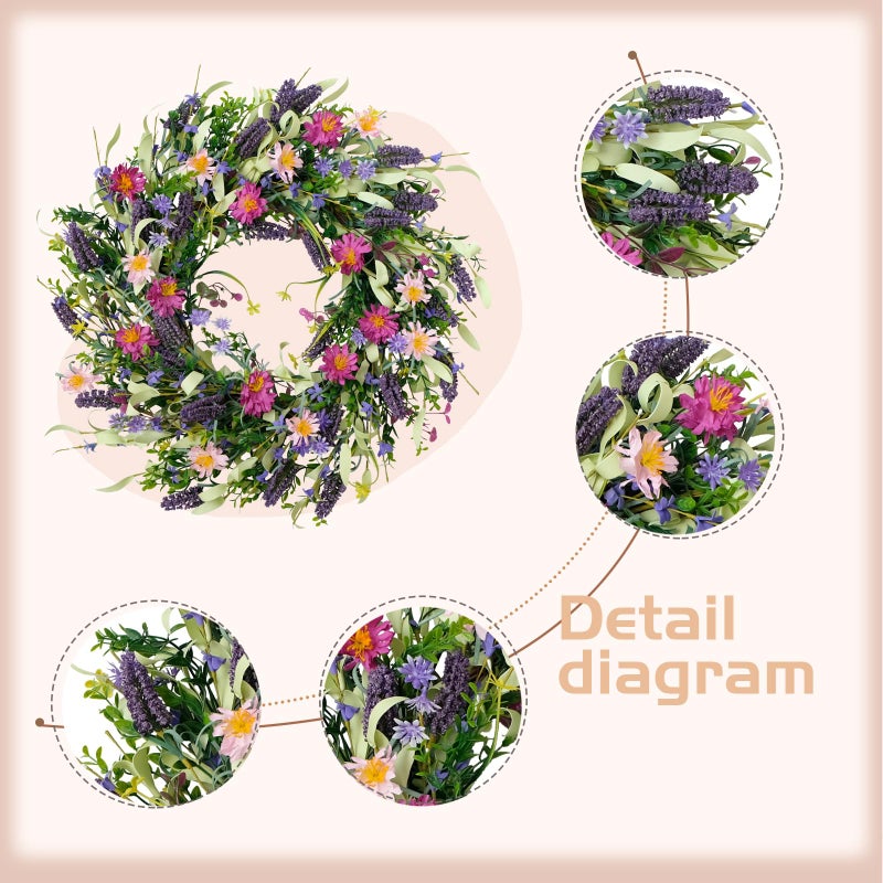 idyllic 22 Inch Spring Summer Flower Wreaths for Front Door, Artificial Colorful Floral Door Wreaths with Lavender Daisies Green Leaves Farmhouse for Inside Outside Home Window Weeding Decor - Image 2