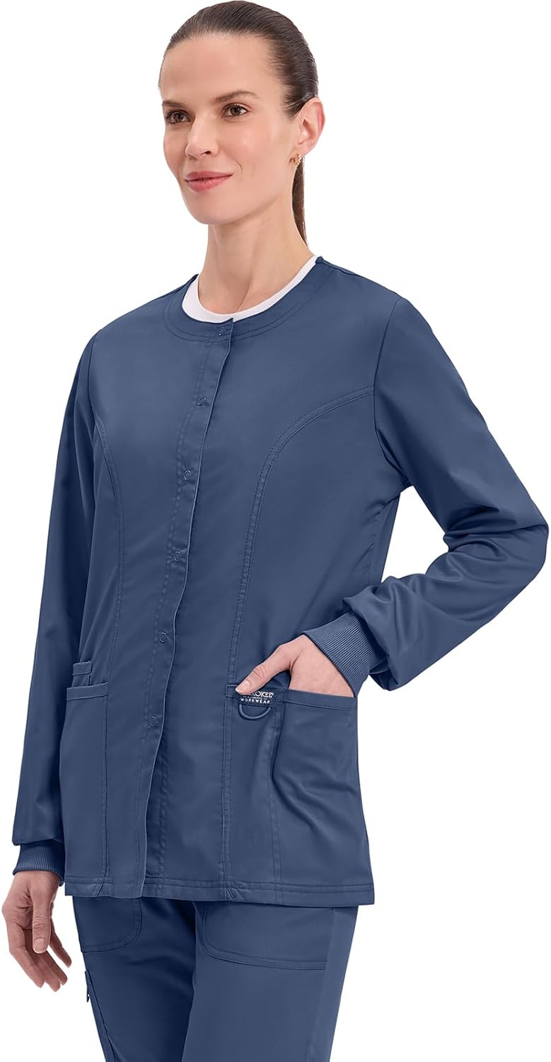 CHEROKEE Women's Snap Front Warm-up Jacket in Navy, XL - Image 3