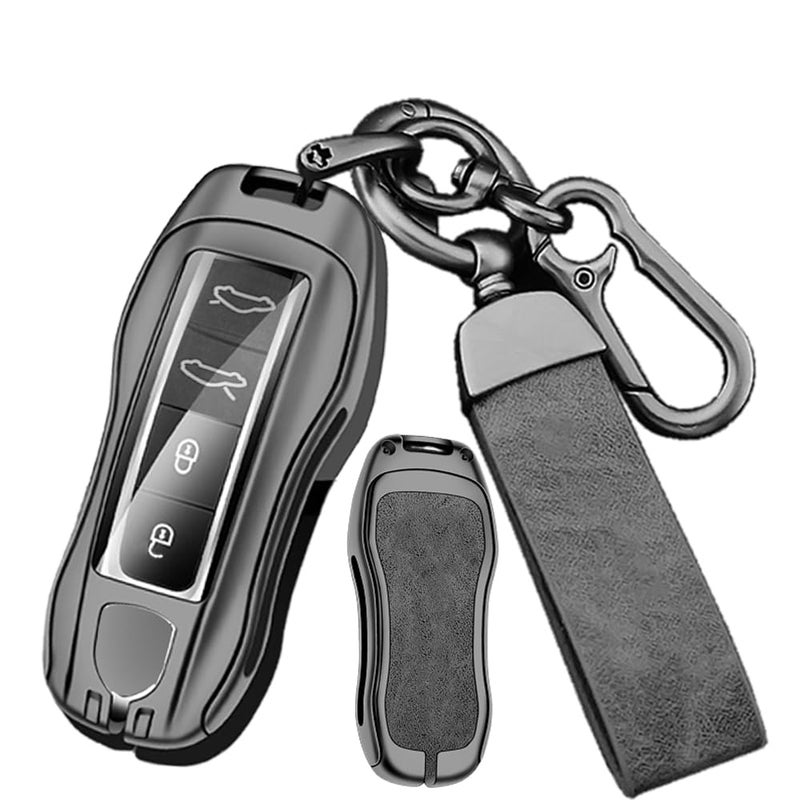 SANRILY 34 Button Compatible with Porsche Key Fob Cover Metal Leather Key Shell Case Fit for Porsche 911 Cayenne Macan Panamera Taycan 2019 2020 Key Keyless with Keychain Gray