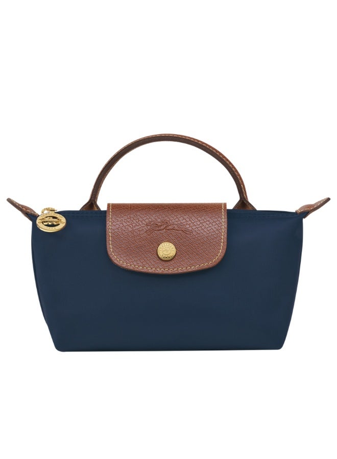 Mini Dual-Use Handheld & Crossbody Bag, Water-Resistant Nylon with Leather Trim, Navy Blue - Image 1