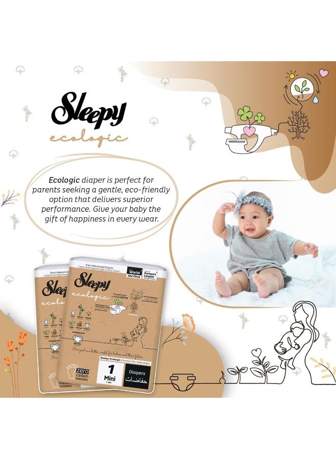 Sleepy عبوة من 192 حفاضات إيكولوجية مقاس 1، حديثي الولادة، مضادة للحساسية، نباتية، قابلة للتحلل، مستدامة، حفاضات مميزة مزودة بشريط لاصق مع امتصاص عالي، حفاضات جافة عضوية للأطفال من 3-6 كجم، 100% مانعة للتسرب. 3 × 64 قطعة - Image 2
