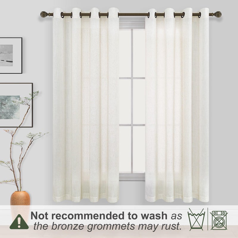 KOUFALL Natural Linen Curtains 63 Inch Length for Living Room 2 Panels Bronze Gommet Light Filtering Semi Sheer Curtain for Bedroom Kitchen Cream - Image 2