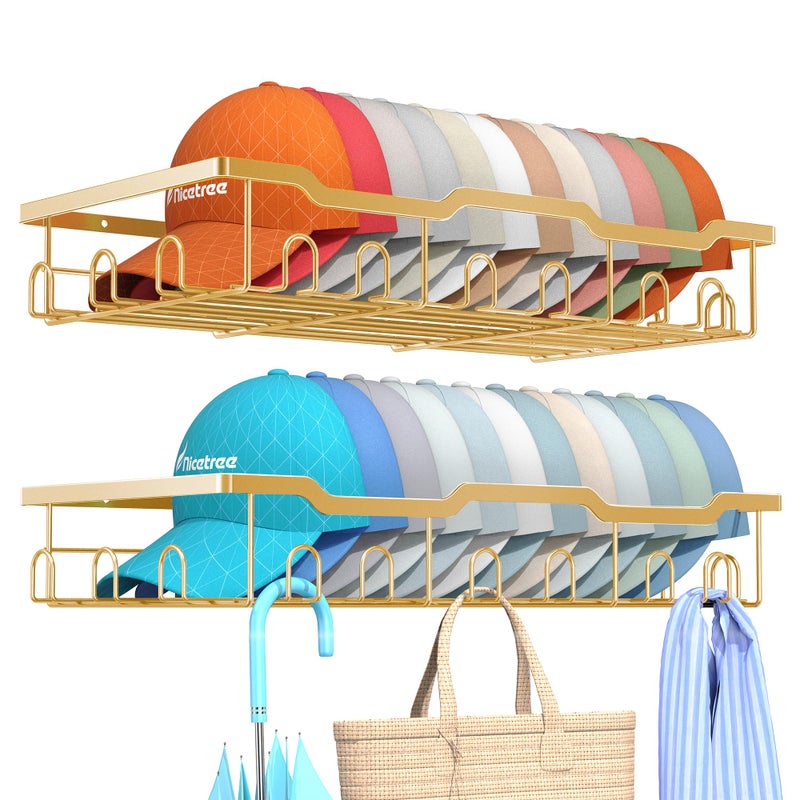 Nicetree Hat Racks for Baseball Caps Wall - Metal Hat Organizer for 48 Baseball Caps Holder, 2 Pack Hat Storage Organizer for Closet, Bedroom, Living Room Gold - Image 1