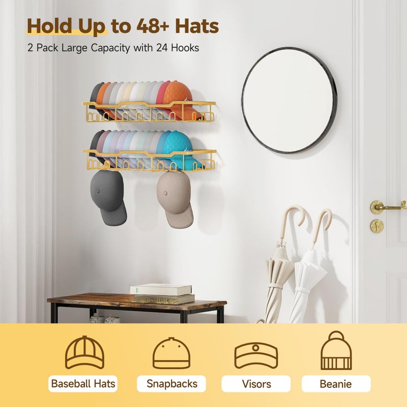 Nicetree Hat Racks for Baseball Caps Wall - Metal Hat Organizer for 48 Baseball Caps Holder, 2 Pack Hat Storage Organizer for Closet, Bedroom, Living Room Gold - Image 2