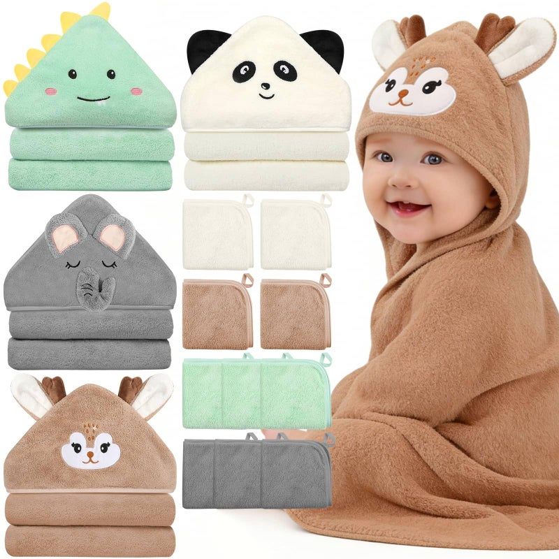 Flasoo 14 Pcs Baby Towels Set, Baby Towels and Washcloths Set,4 Pcs 32x32 in Cute Hooded Bath Towel & 10 Pcs Baby Washcloths for Infants, Toddlers and Kids - Dinosaurs, Pandas, Elephants & Moose - Image 1