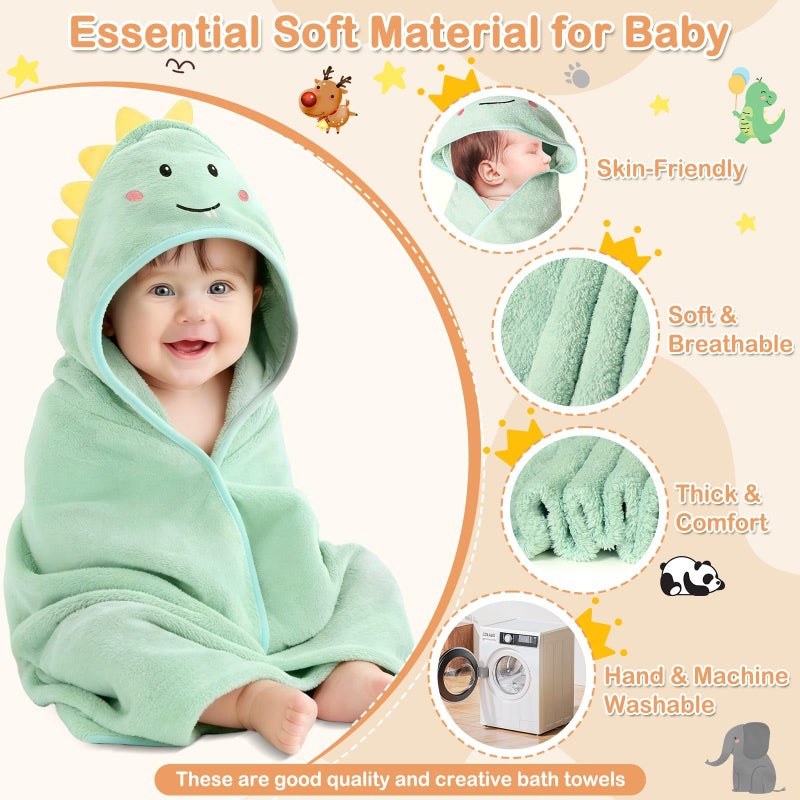 Flasoo 14 Pcs Baby Towels Set, Baby Towels and Washcloths Set,4 Pcs 32x32 in Cute Hooded Bath Towel & 10 Pcs Baby Washcloths for Infants, Toddlers and Kids - Dinosaurs, Pandas, Elephants & Moose - Image 4