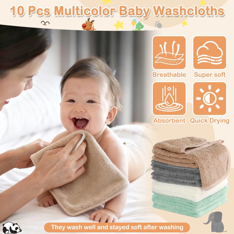 Flasoo 14 Pcs Baby Towels Set, Baby Towels and Washcloths Set,4 Pcs 32x32 in Cute Hooded Bath Towel & 10 Pcs Baby Washcloths for Infants, Toddlers and Kids - Dinosaurs, Pandas, Elephants & Moose - Image 5