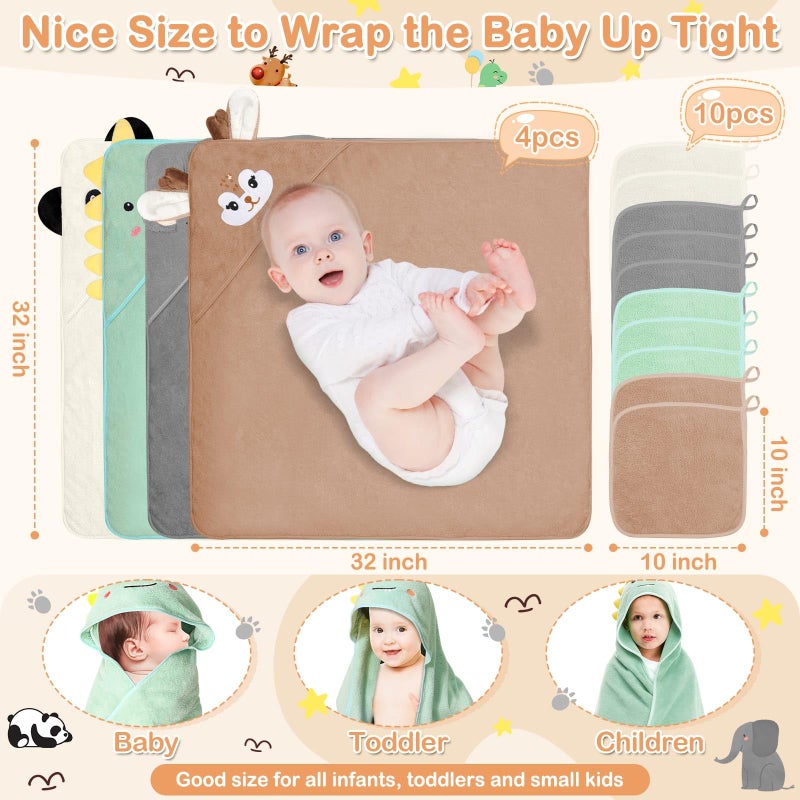 Flasoo 14 Pcs Baby Towels Set, Baby Towels and Washcloths Set,4 Pcs 32x32 in Cute Hooded Bath Towel & 10 Pcs Baby Washcloths for Infants, Toddlers and Kids - Dinosaurs, Pandas, Elephants & Moose - Image 3