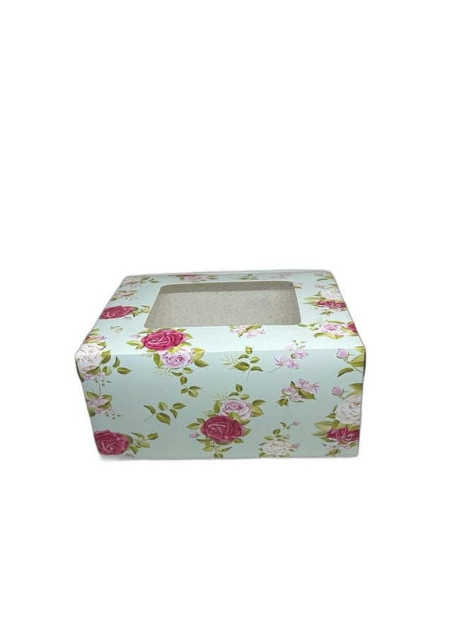 Baekence cake box 1/2 kg Window cake box 8 inch Green small flowers Pink design, Pack of 50 pcs - Image 1