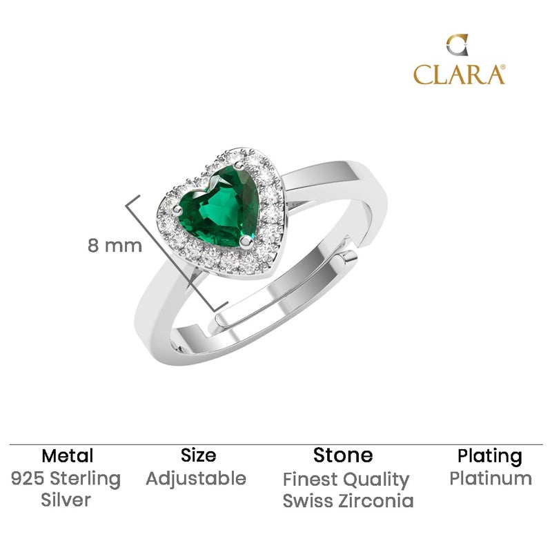 CLARA Pure 925 Sterling Silver Grethe Green Heart Solitaire Finger Ring | Swiss Zircon Platinum Plated | Size Adjustable | Gift for Women Girls Wife Girlfriend - Image 5