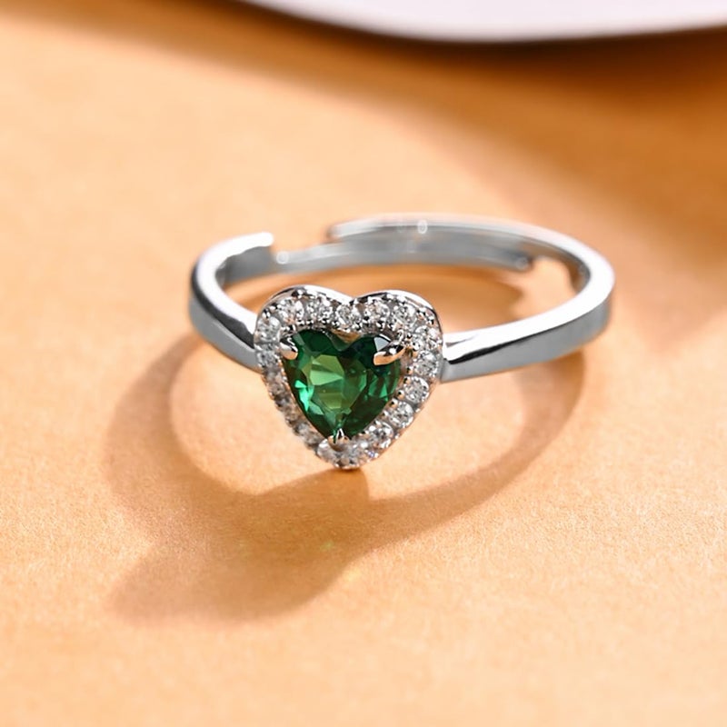 CLARA Pure 925 Sterling Silver Grethe Green Heart Solitaire Finger Ring | Swiss Zircon Platinum Plated | Size Adjustable | Gift for Women Girls Wife Girlfriend - Image 2