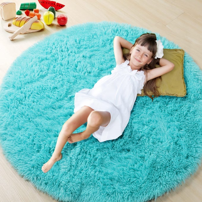 BLUE ROUND AREA RUG 4FT SOFT BEDROOM CIRCLE RUGS FLOOR MATS FOR KIDS GIRLS TEEN ROOM CUTE FLUFFY PLUSH SHAGGY CARPET FOR BABY NURSERY LIVING ROOM PLAYROOM DORM HOME DECOR