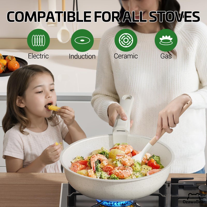 OzawaBear 26 Pcs Pots and Pans Set Non Stick, Ceramic Cookware Set Non Toxic with Detachable Handles, Healthy Induction Cookware Oven Safe RV Kitchen Set, PFAS PFOA & PTFE Free, Cream White - Image 5