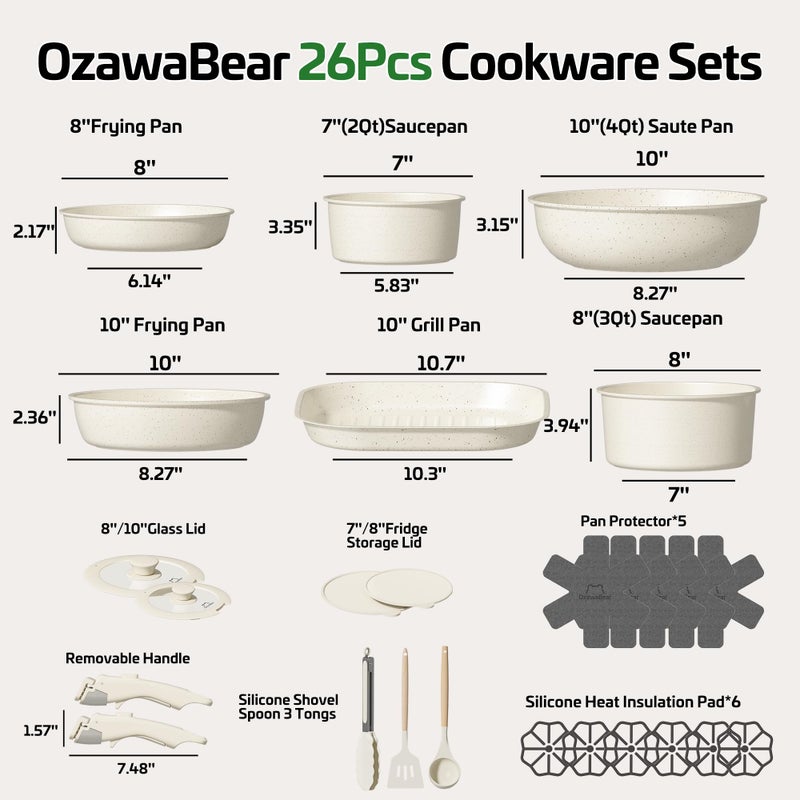 OzawaBear 26 Pcs Pots and Pans Set Non Stick, Ceramic Cookware Set Non Toxic with Detachable Handles, Healthy Induction Cookware Oven Safe RV Kitchen Set, PFAS PFOA & PTFE Free, Cream White - Image 2