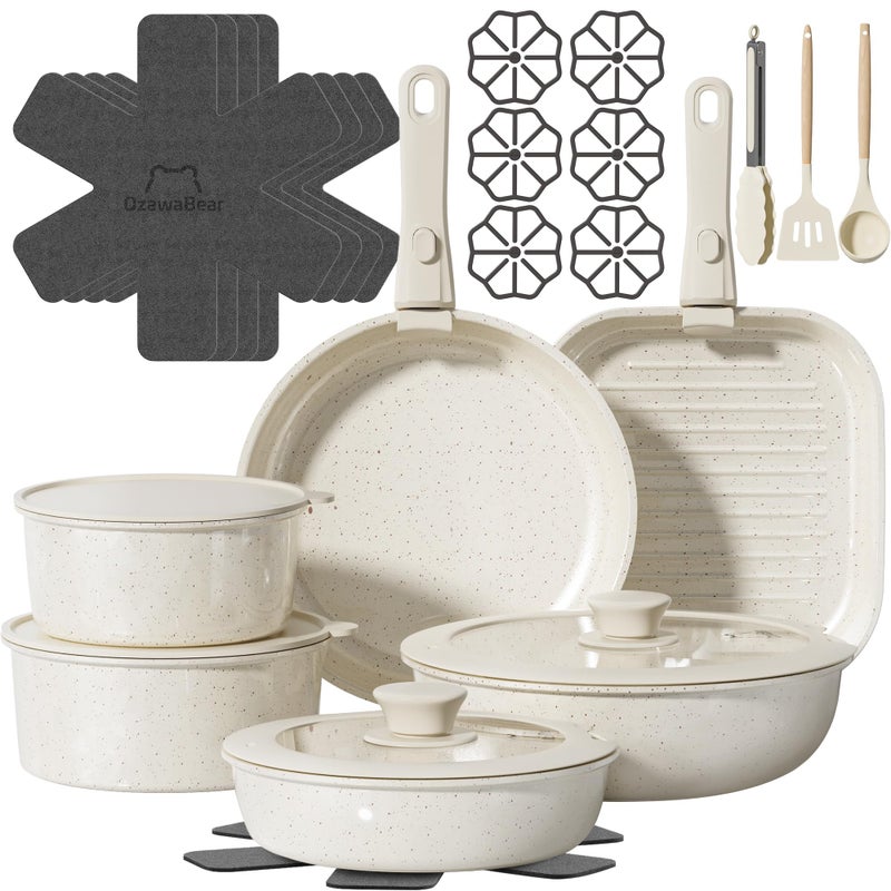 OzawaBear 26 Pcs Pots and Pans Set Non Stick, Ceramic Cookware Set Non Toxic with Detachable Handles, Healthy Induction Cookware Oven Safe RV Kitchen Set, PFAS PFOA & PTFE Free, Cream White - Image 1