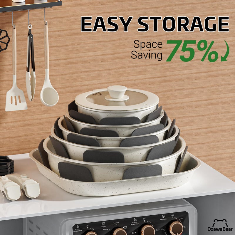 OzawaBear 26 Pcs Pots and Pans Set Non Stick, Ceramic Cookware Set Non Toxic with Detachable Handles, Healthy Induction Cookware Oven Safe RV Kitchen Set, PFAS PFOA & PTFE Free, Cream White - Image 4