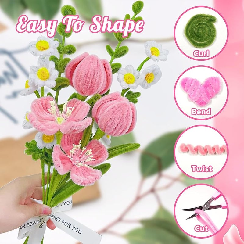 MACIOZE 600 Pcs Pink Pipe Cleaners Craft for Flowers, Pastel Chenille Stems for DIY Art Projects Creative Gift(6 Colors), Bulk Fuzzy Pipe Cleaner Flower Kit, Ideals for Party Decor (Pink Flower) - Image 3
