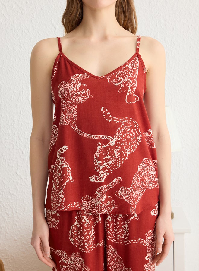 trendyol Cinnamon Tiger Patterned Rope Strap Viscose Woven Pajama Set  - Image 3