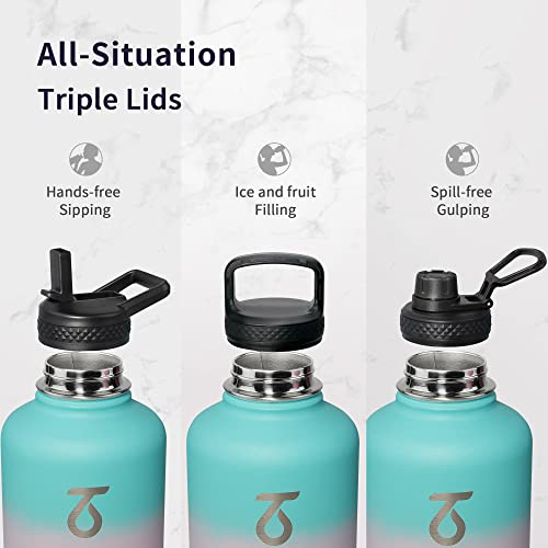 Trebo Water Bottle Insulated with Lid and Straw, Double Wall Vacuum Stainless Steel Metal Tumbler Sports Flask with Paracord Handle, Keep Cold 48 Hours Water Cup with 3 Lids, Hydrangea - Image 3