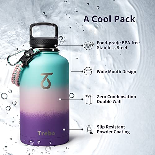 Trebo Water Bottle Insulated with Lid and Straw, Double Wall Vacuum Stainless Steel Metal Tumbler Sports Flask with Paracord Handle, Keep Cold 48 Hours Water Cup with 3 Lids, Hydrangea - Image 5