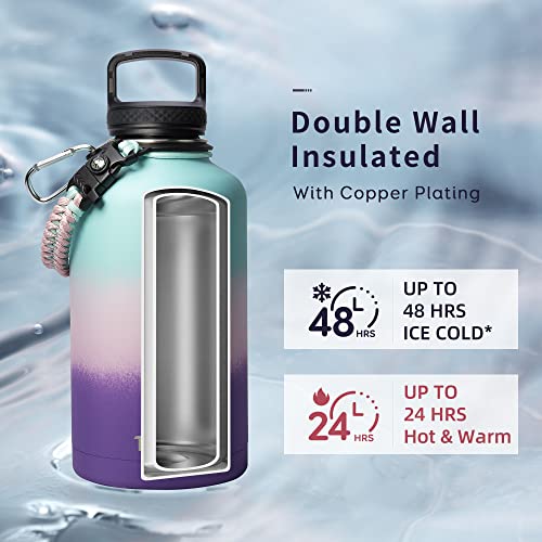 Trebo Water Bottle Insulated with Lid and Straw, Double Wall Vacuum Stainless Steel Metal Tumbler Sports Flask with Paracord Handle, Keep Cold 48 Hours Water Cup with 3 Lids, Hydrangea - Image 2