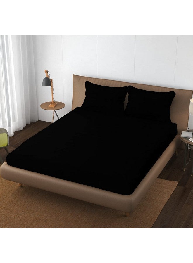 Trance Home Linen 100% Cotton 78x60 inch Queen Elastic Fitted Bedsheet | 400TC Premium Queen Double Bed Size Plain Fitted Elastic Bed Sheet with 2 Pillow Covers (78"x60" | 6.5x5ft, Black)